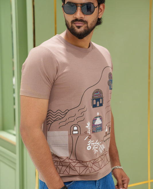 Brown Cotton-Blended T-Shirt, Comes with a Unique-Theme Print, a Crew Neck, Half Sleeves, Slim Fit, and Regular Length