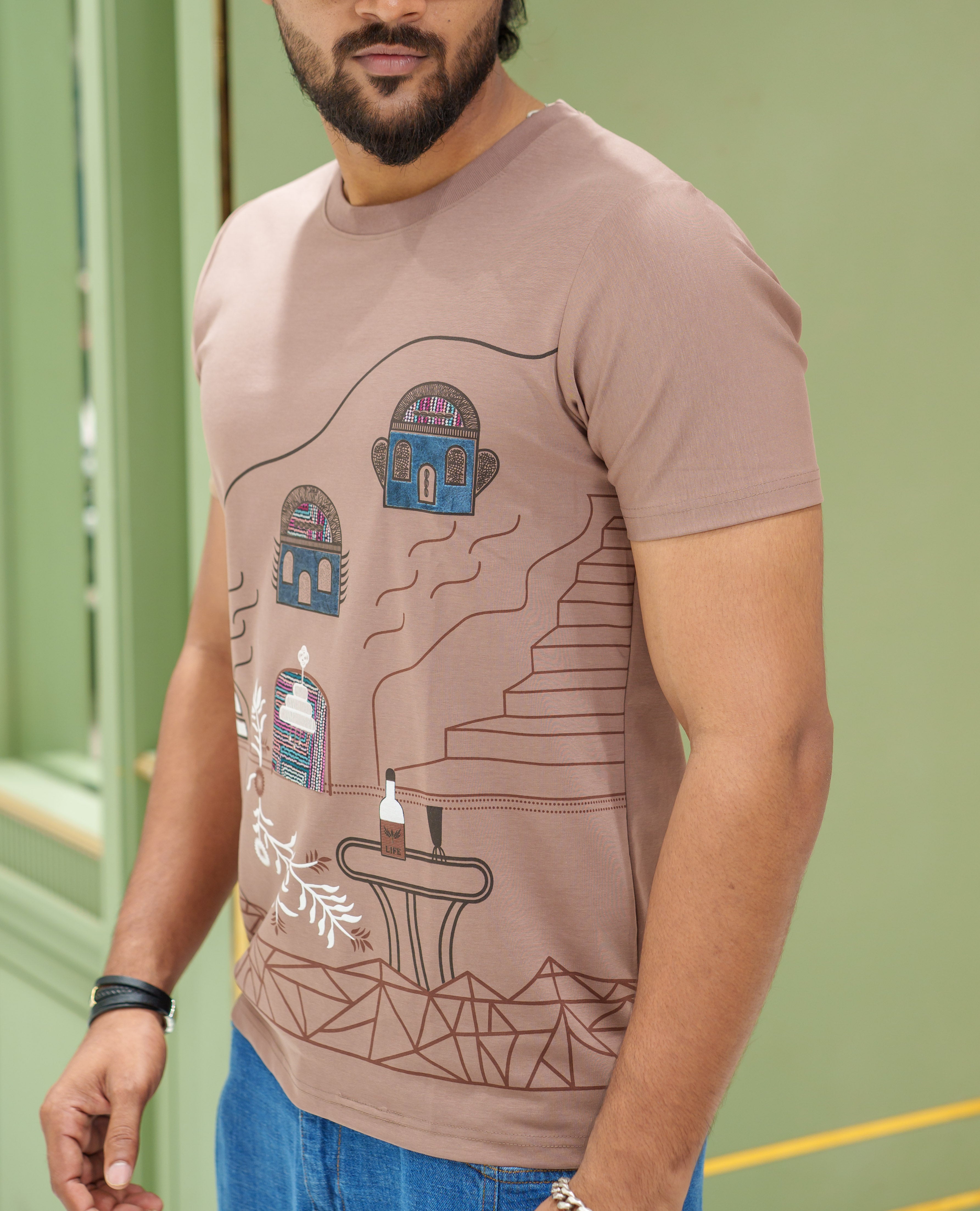 Brown Cotton-Blended T-Shirt, Comes with a Unique-Theme Print, a Crew Neck, Half Sleeves, Slim Fit, and Regular Length
