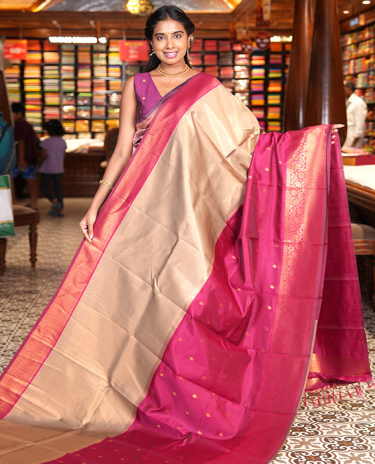 Pink Litchi Saree, Graced with Half-And-Half and Zari Buttas, Contrast Traditional Zari Border, Grand Pallu, and a Contrast Blouse