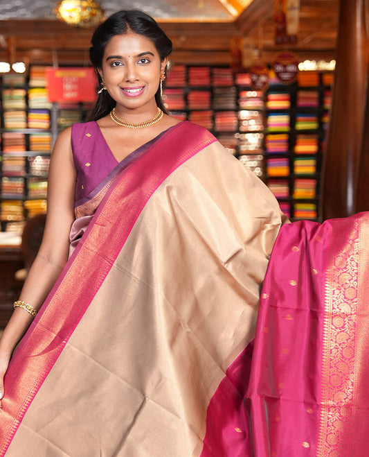 Pink Litchi Saree, Graced with Half-And-Half and Zari Buttas, Contrast Traditional Zari Border, Grand Pallu, and a Contrast Blouse
