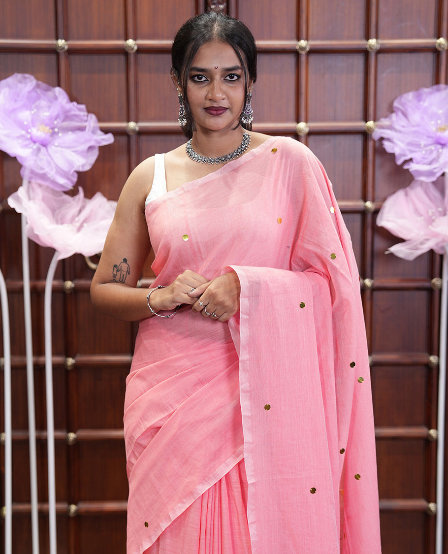 Borderless Peach Khadi Mul Cotton Saree, Gleamed Up with Sequins Work All Over Its Bodyt, and Pallu, and Paired with a Matching Blouse