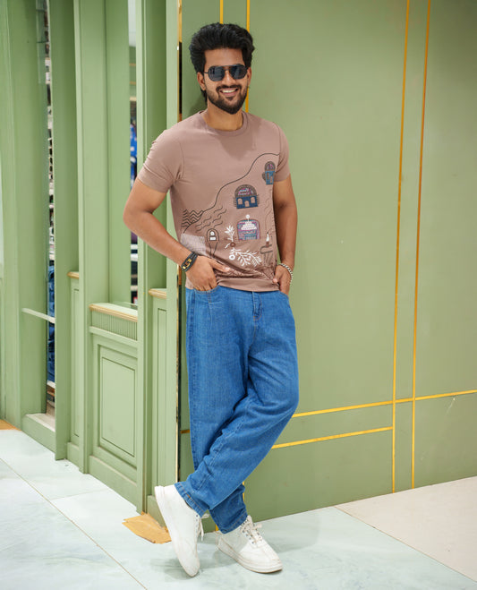 Brown Cotton-Blended T-Shirt, Comes with a Unique-Theme Print, a Crew Neck, Half Sleeves, Slim Fit, and Regular Length