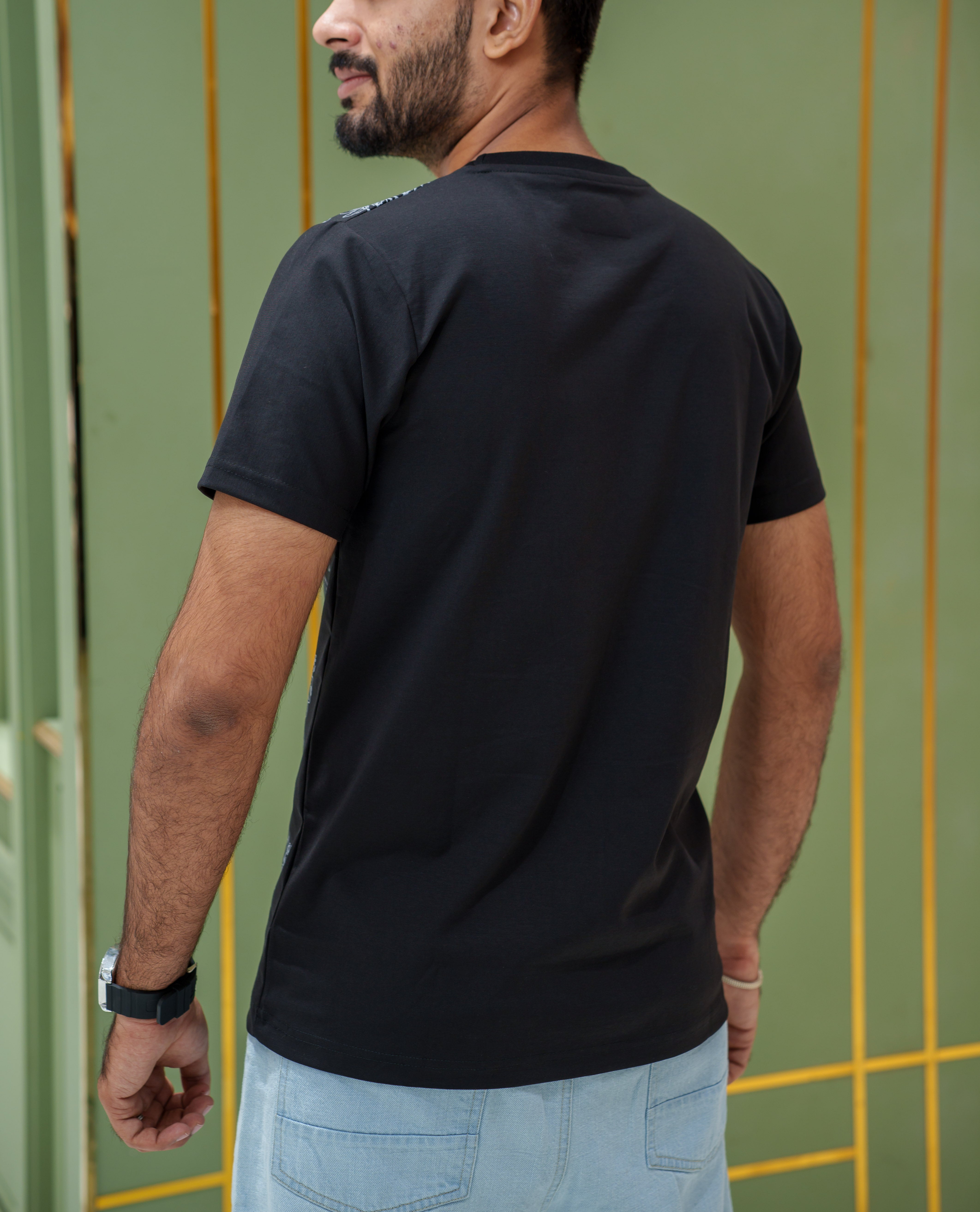 Black Cotton-Blended T-Shirt, Featuring Floral-Bird Motifs Print, a Crew Neck, Half Sleeves, Slim Fit, and Regular Length