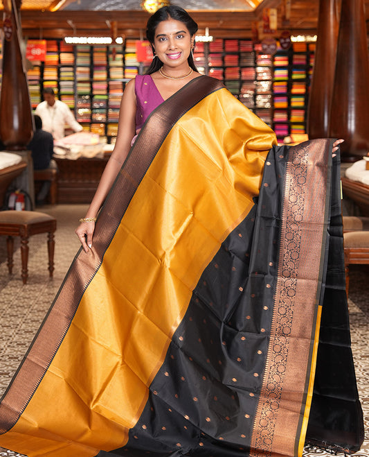 Black Litchi Saree, Elevated with Half-And-Half and Zari Buttas, Contrast Traditional Zari Border, Grand Pallu, and a Contrast Blouse