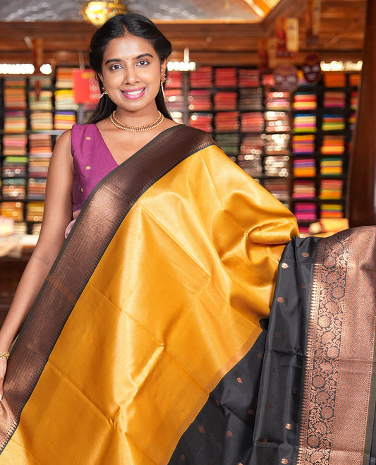Black Litchi Saree, Elevated with Half-And-Half and Zari Buttas, Contrast Traditional Zari Border, Grand Pallu, and a Contrast Blouse
