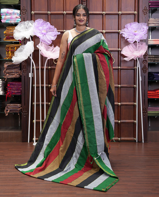 Multi-Color Khadi Mul Cotton Saree, Mesmerized with Vertical Stripes All Over Its Body, Subtle Piping Border, a Self-Pallu, and Paired with a Matching Blouse
