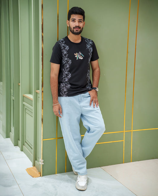 Black Cotton-Blended T-Shirt, Featuring Floral-Bird Motifs Print, a Crew Neck, Half Sleeves, Slim Fit, and Regular Length