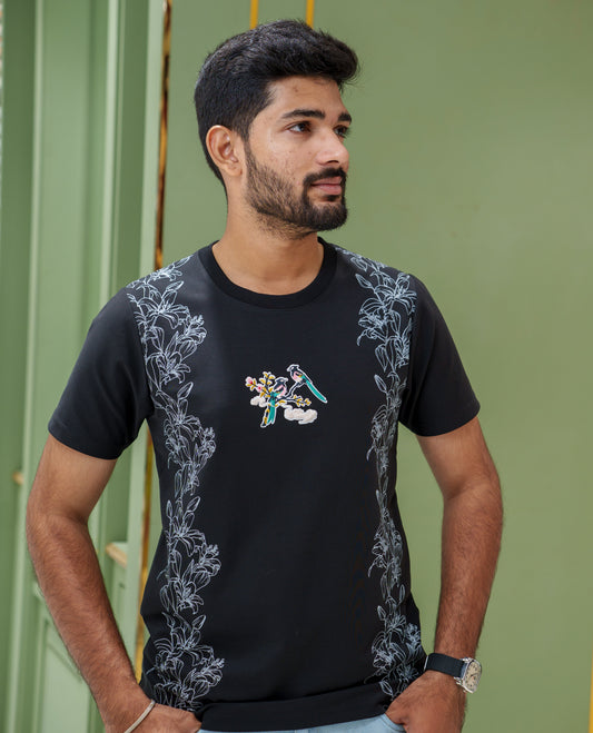 Black Cotton-Blended T-Shirt, Featuring Floral-Bird Motifs Print, a Crew Neck, Half Sleeves, Slim Fit, and Regular Length