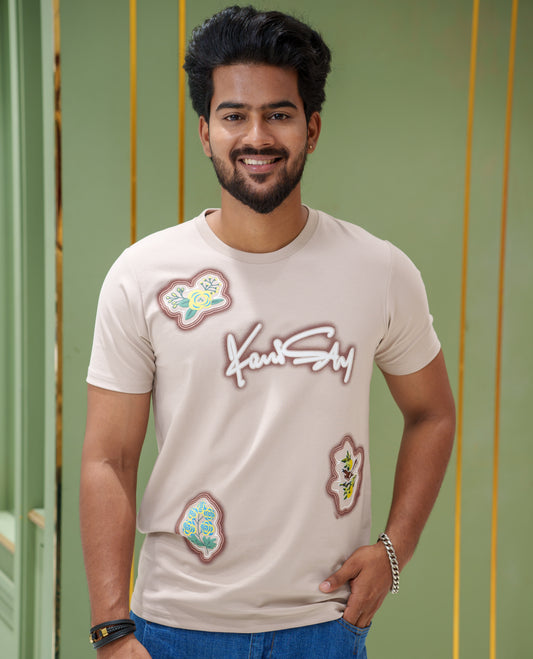 Cream Cotton-Blended T-Shirt, Comes with a Unique Motif Print, a Crew Neck, Half Sleeves, Slim Fit, and Regular Length