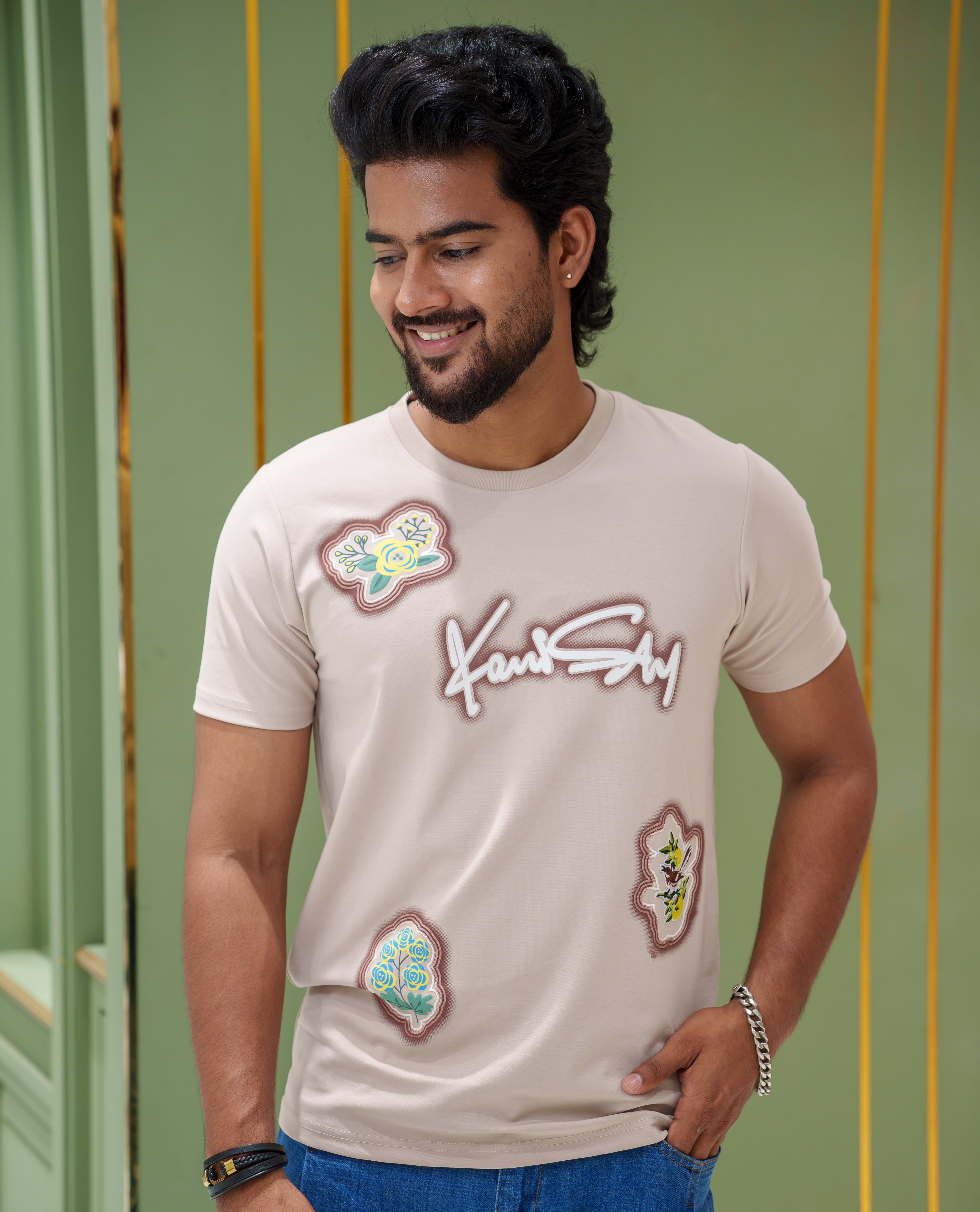 Cream Cotton-Blended T-Shirt, Comes with a Unique Motif Print, a Crew Neck, Half Sleeves, Slim Fit, and Regular Length