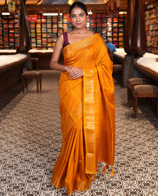 Mustard Fancy Tussar Saree, Polka Dotted Zari Border, Grand Pallu, a Floral Printed Blouse, Matching Blouse