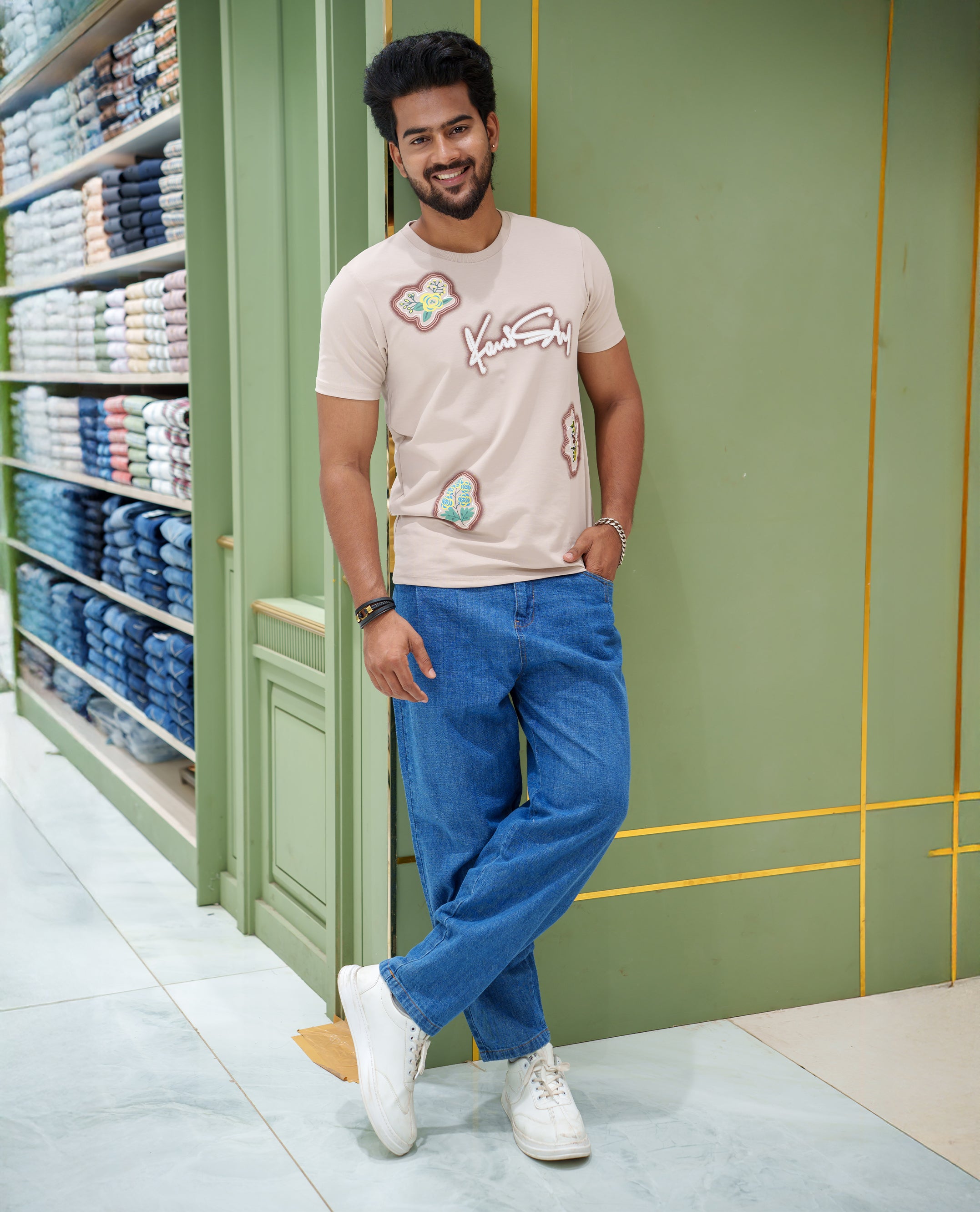 Cream Cotton-Blended T-Shirt, Comes with a Unique Motif Print, a Crew Neck, Half Sleeves, Slim Fit, and Regular Length
