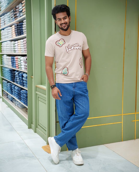 Cream Cotton-Blended T-Shirt, Comes with a Unique Motif Print, a Crew Neck, Half Sleeves, Slim Fit, and Regular Length