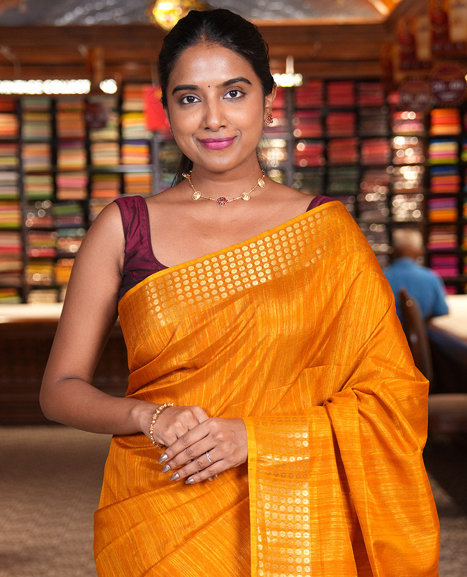 Mustard Fancy Tussar Saree, Polka Dotted Zari Border, Grand Pallu, a Floral Printed Blouse, Matching Blouse