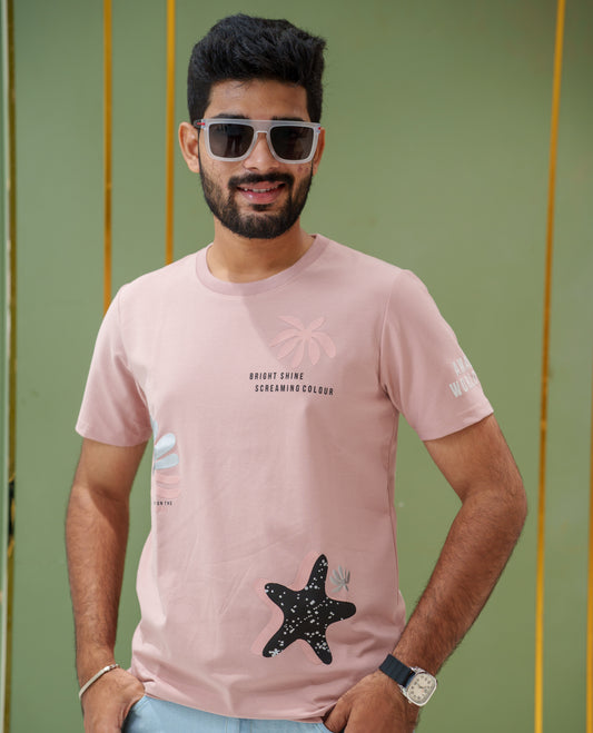 Pink Cotton-Blended T-Shirt, Comes with Tropical Floral-Star Motifs Print, a Crew Neck, Half Sleeves, Slim Fit, and Regular Length