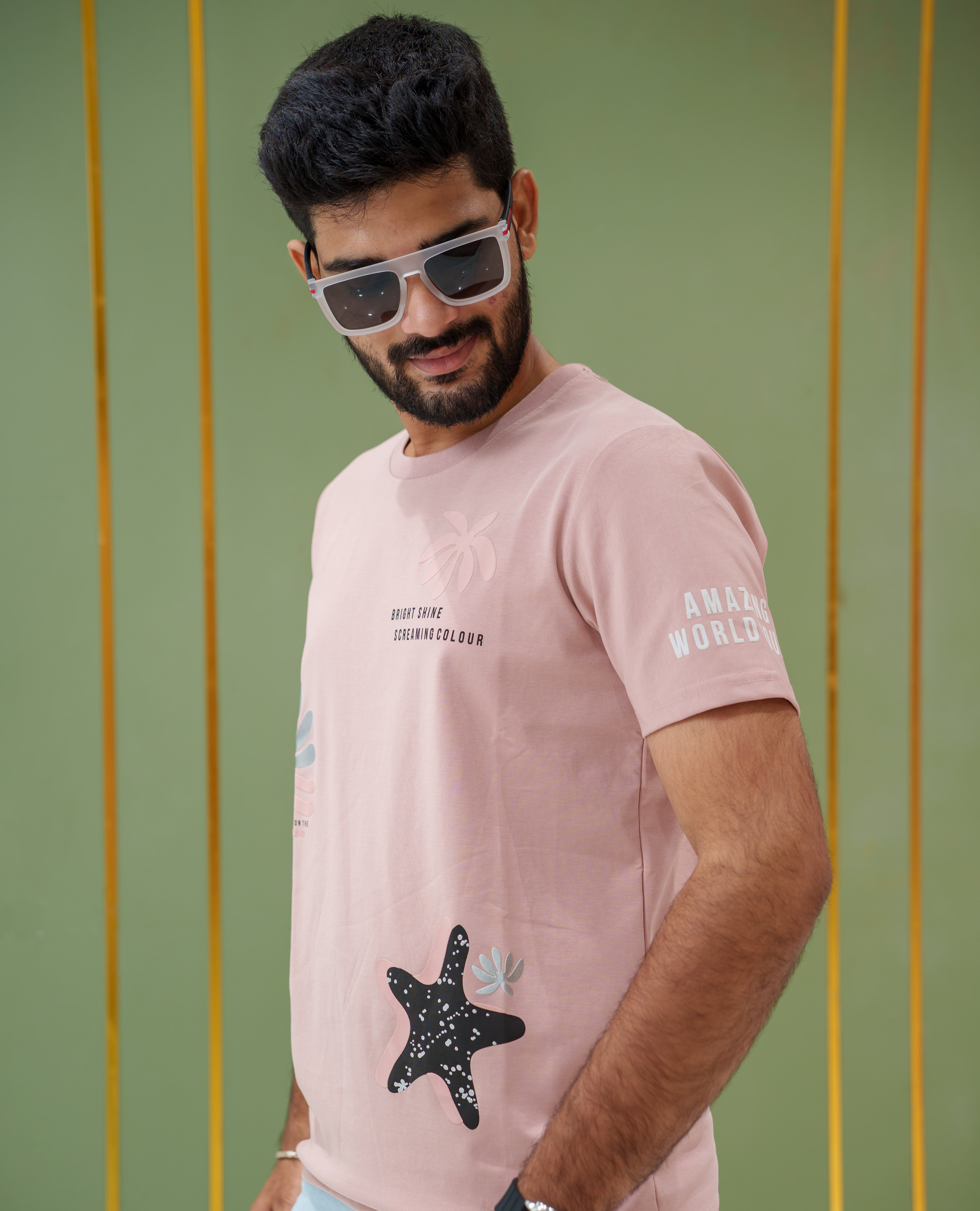 Pink Cotton-Blended T-Shirt, Comes with Tropical Floral-Star Motifs Print, a Crew Neck, Half Sleeves, Slim Fit, and Regular Length