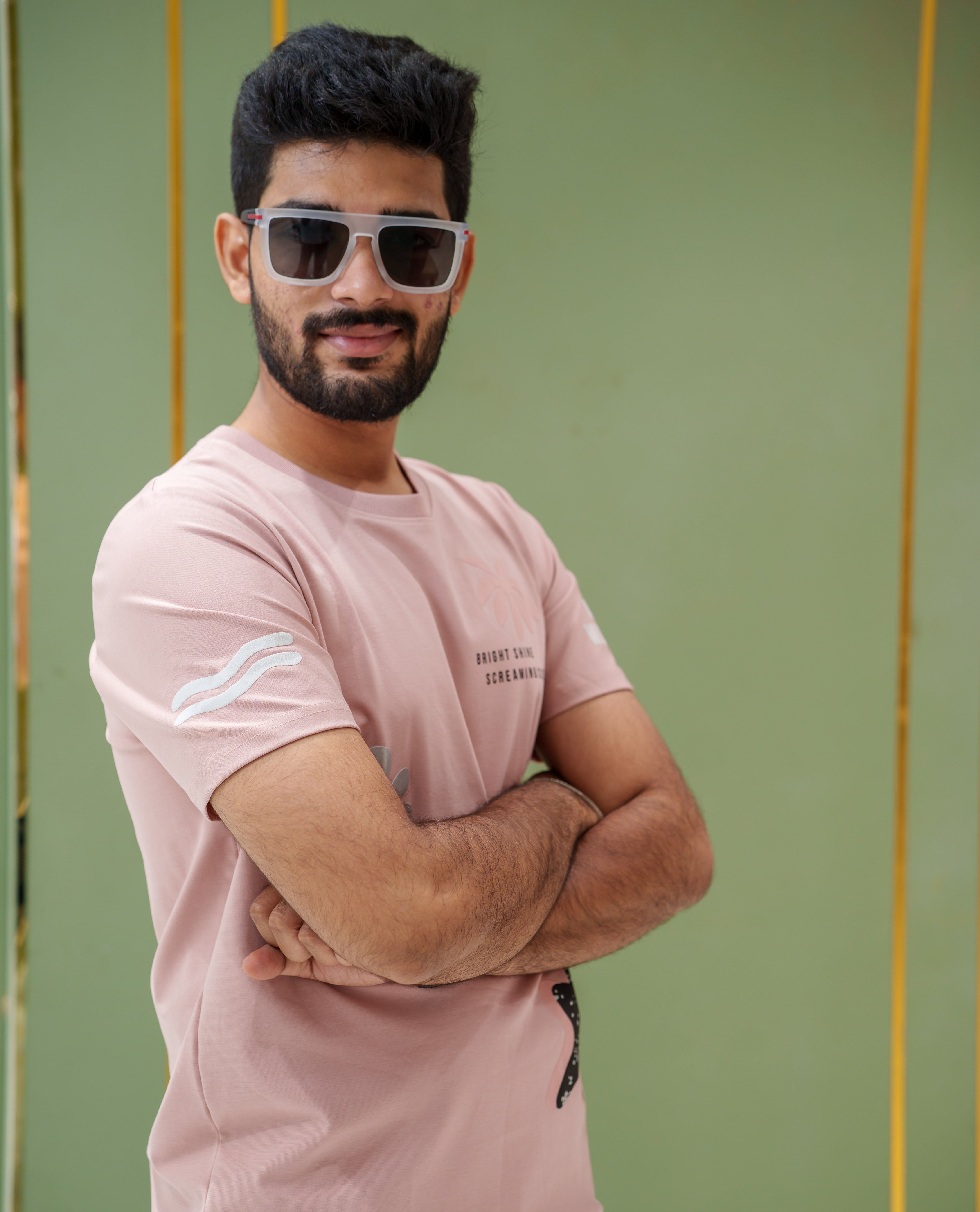Pink Cotton-Blended T-Shirt, Comes with Tropical Floral-Star Motifs Print, a Crew Neck, Half Sleeves, Slim Fit, and Regular Length