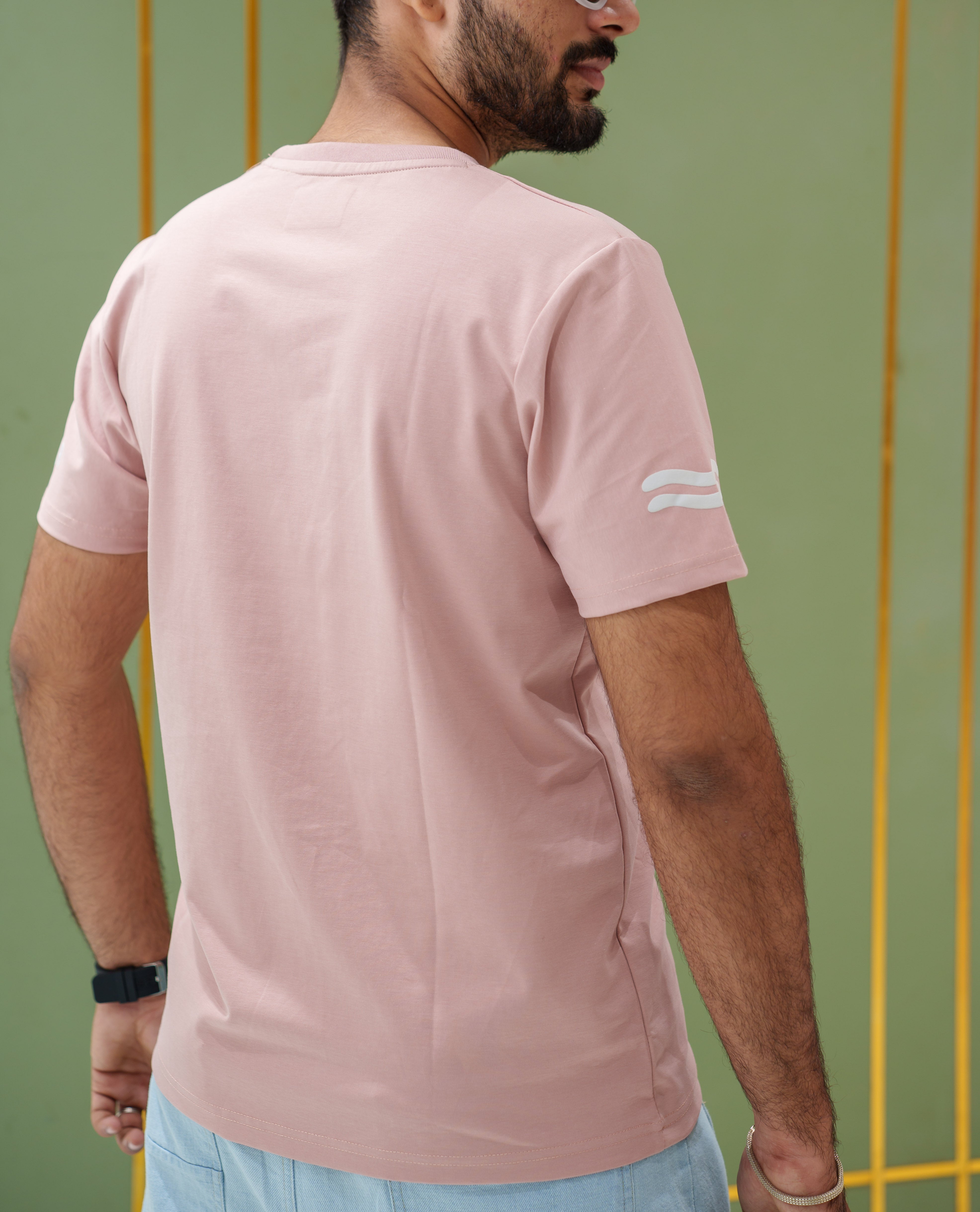 Pink Cotton-Blended T-Shirt, Comes with Tropical Floral-Star Motifs Print, a Crew Neck, Half Sleeves, Slim Fit, and Regular Length