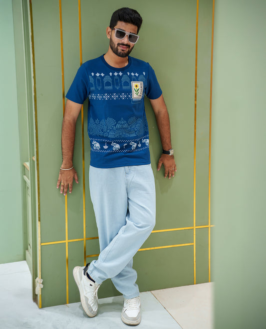 Blue Cotton-Blended T-Shirt, Comes with Mughal-Style Arches-Floral-Elephant Print, a Crew Neck, Half Sleeves, Slim Fit, and Regular Length