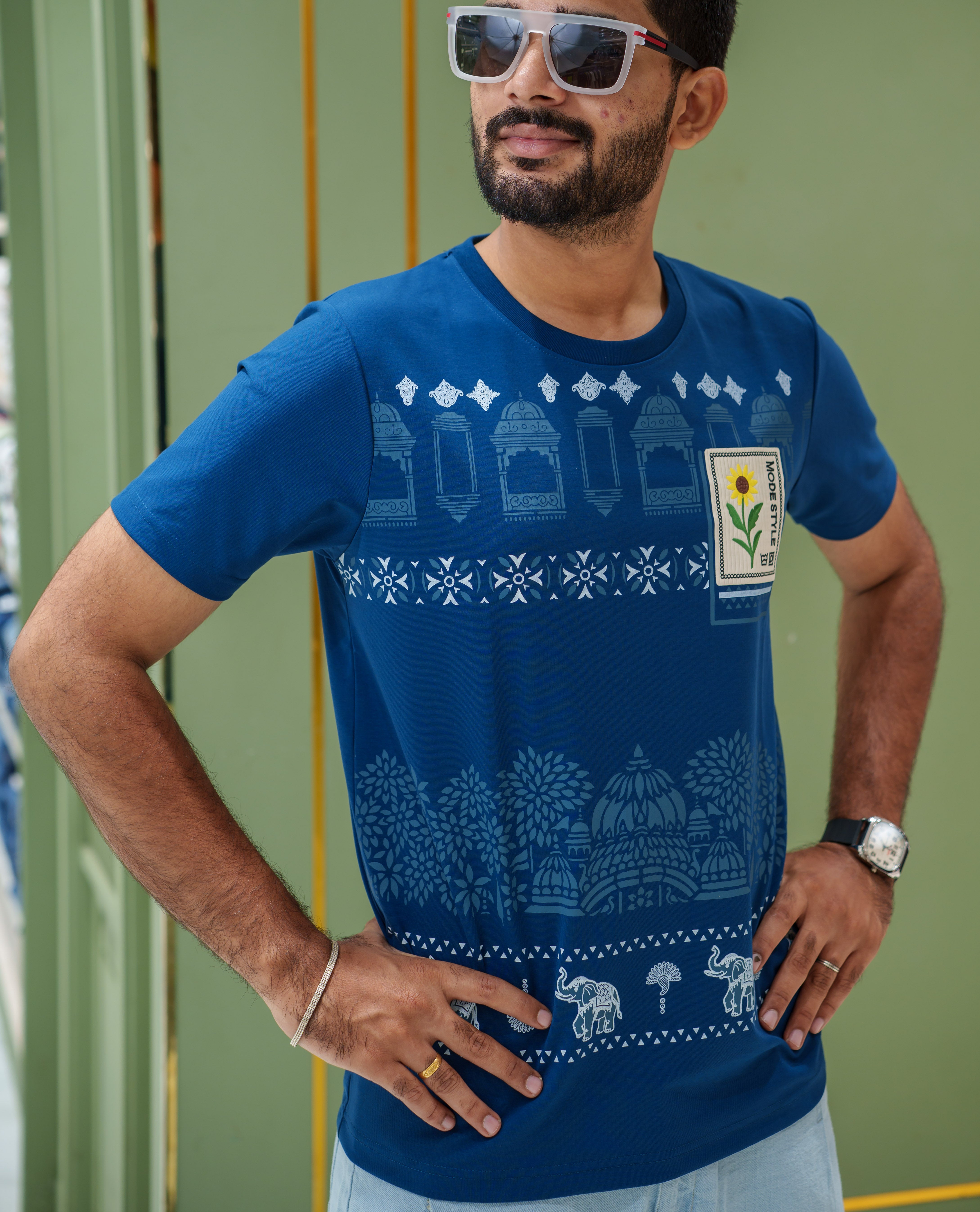 Blue Cotton-Blended T-Shirt, Comes with Mughal-Style Arches-Floral-Elephant Print, a Crew Neck, Half Sleeves, Slim Fit, and Regular Length