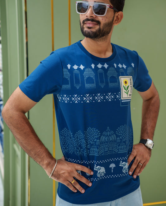 Blue Cotton-Blended T-Shirt, Comes with Mughal-Style Arches-Floral-Elephant Print, a Crew Neck, Half Sleeves, Slim Fit, and Regular Length