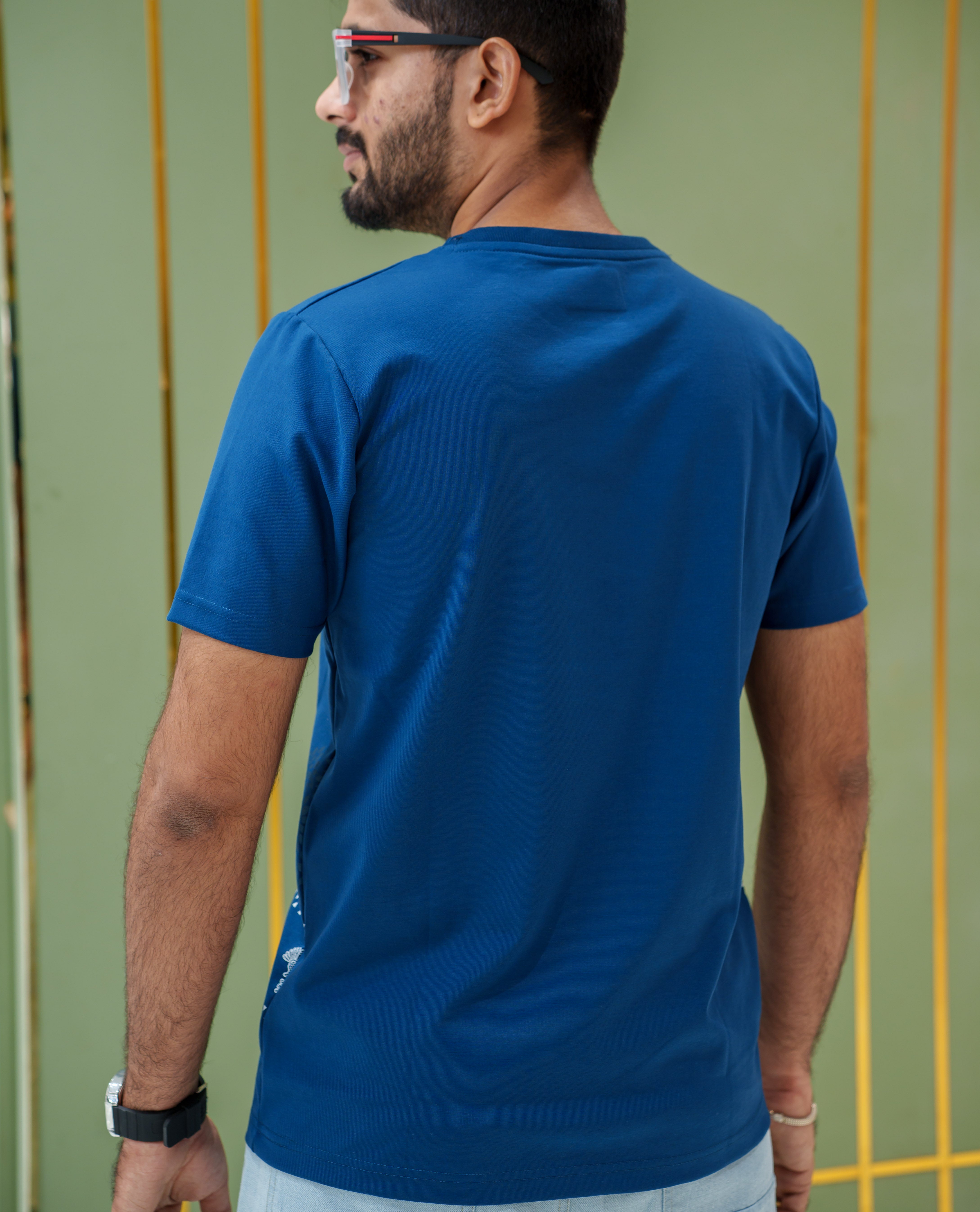 Blue Cotton-Blended T-Shirt, Comes with Mughal-Style Arches-Floral-Elephant Print, a Crew Neck, Half Sleeves, Slim Fit, and Regular Length