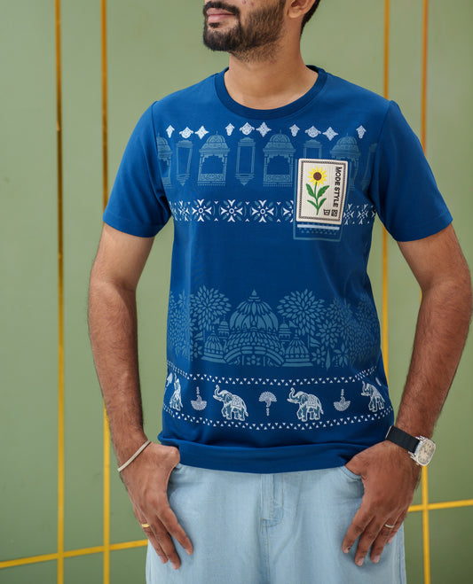 Blue Cotton-Blended T-Shirt, Comes with Mughal-Style Arches-Floral-Elephant Print, a Crew Neck, Half Sleeves, Slim Fit, and Regular Length