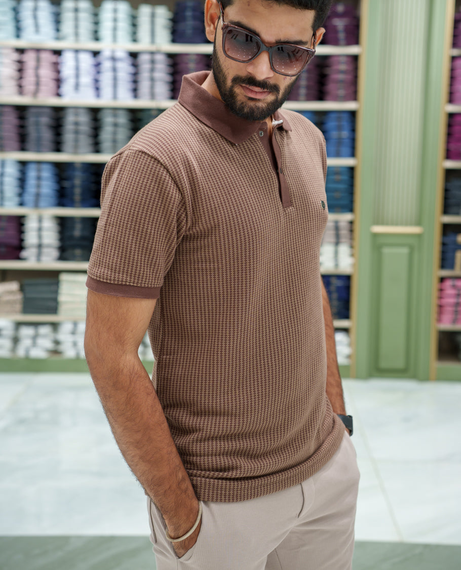 Brown Striped Cotton-Blended T-Shirt Comes with Half-Sleeves, a Polo Collar, a Slim Fit, and Regular Length
