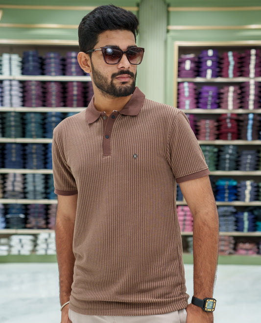 Brown Striped Cotton-Blended T-Shirt Comes with Half-Sleeves, a Polo Collar, a Slim Fit, and Regular Length