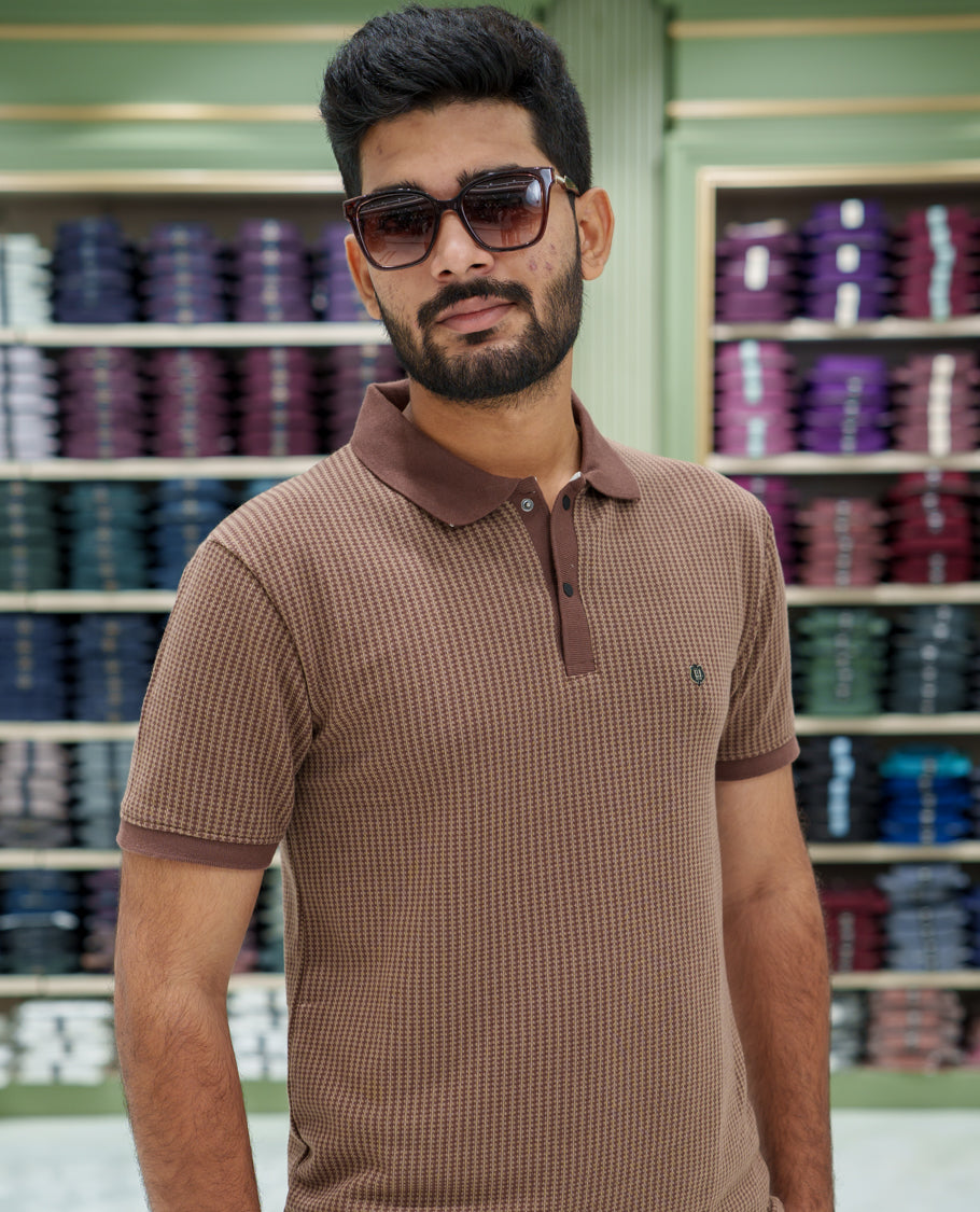Brown Striped Cotton-Blended T-Shirt Comes with Half-Sleeves, a Polo Collar, a Slim Fit, and Regular Length