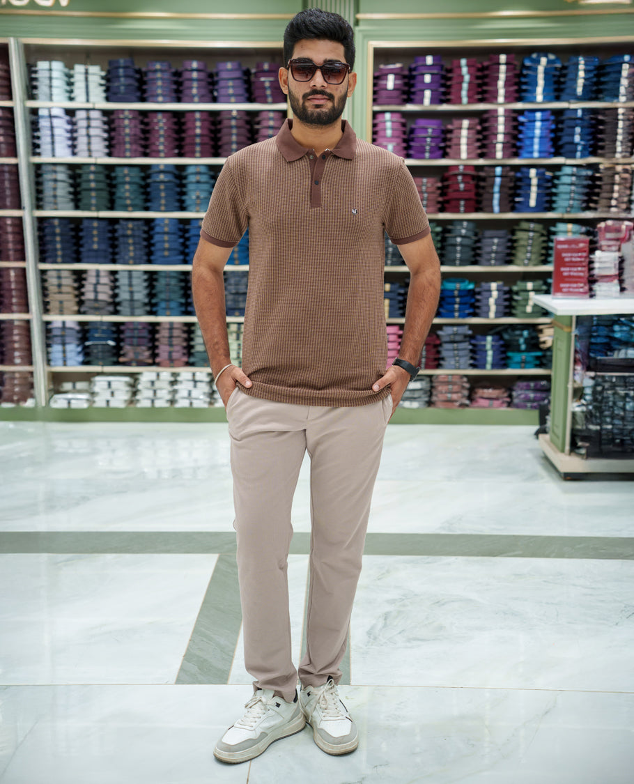 Brown Striped Cotton-Blended T-Shirt Comes with Half-Sleeves, a Polo Collar, a Slim Fit, and Regular Length