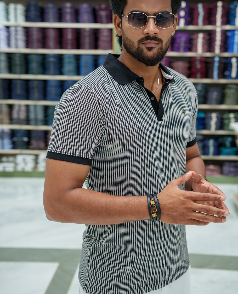 Black Striped Cotton-Blended T-Shirt Comes with Half-Sleeves, a Polo Collar, a Slim Fit, and Regular Length
