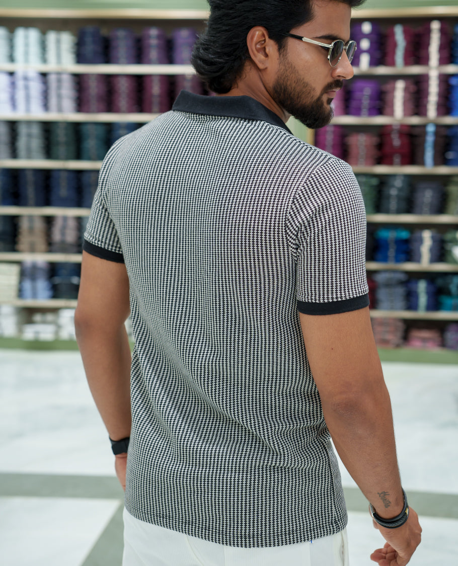 Black Striped Cotton-Blended T-Shirt Comes with Half-Sleeves, a Polo Collar, a Slim Fit, and Regular Length