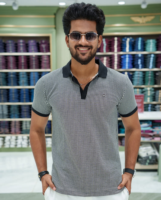 Black Striped Cotton-Blended T-Shirt Comes with Half-Sleeves, a Polo Collar, a Slim Fit, and Regular Length