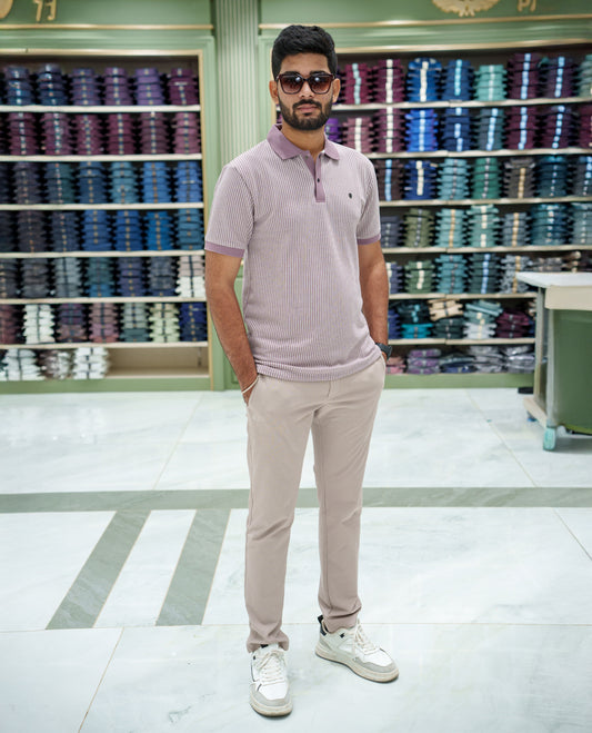 Lilac Striped Cotton-Blended T-Shirt Comes with Half-Sleeves, a Polo Collar, a Slim Fit, and Regular Length