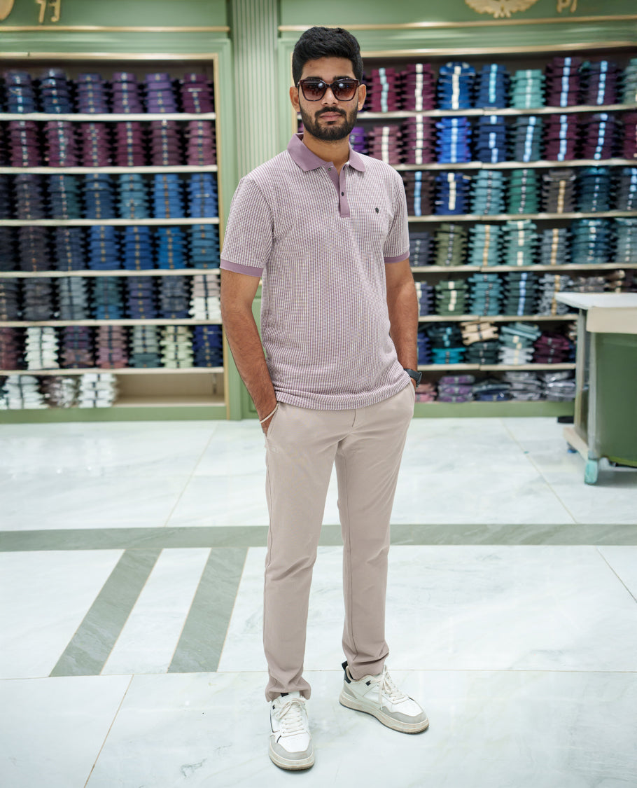 Lilac Striped Cotton-Blended T-Shirt Comes with Half-Sleeves, a Polo Collar, a Slim Fit, and Regular Length