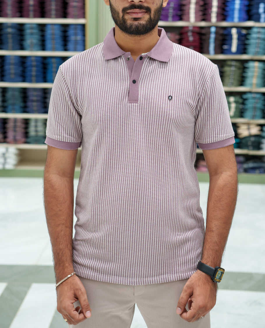 Lilac Striped Cotton-Blended T-Shirt Comes with Half-Sleeves, a Polo Collar, a Slim Fit, and Regular Length