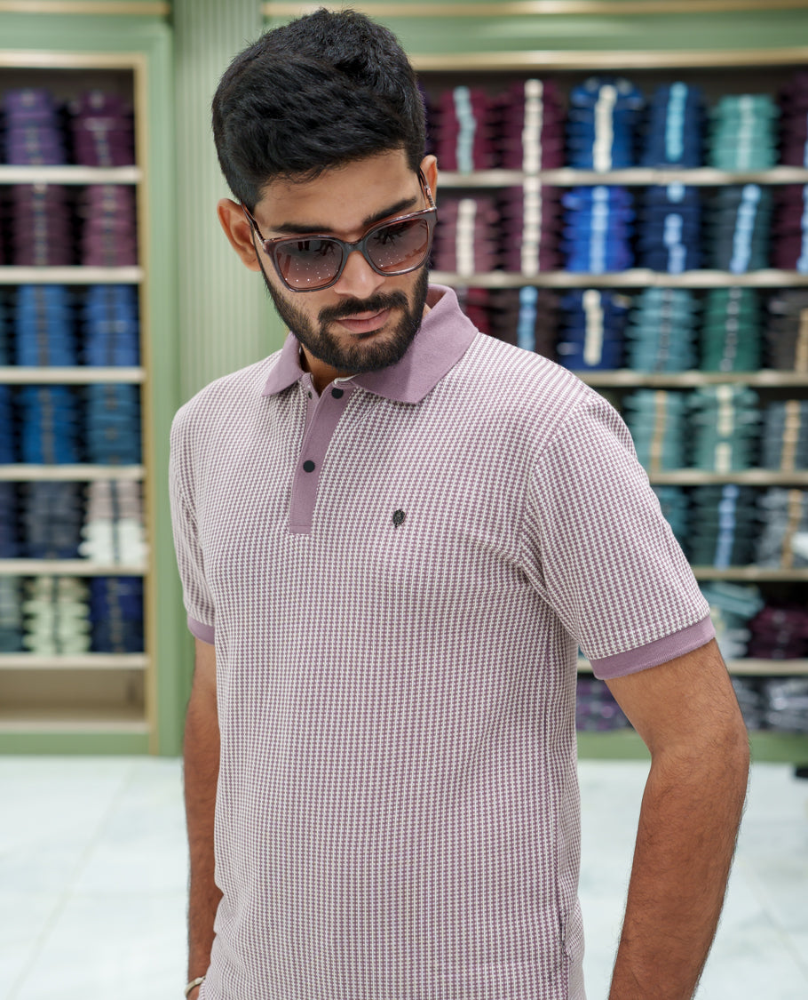 Lilac Striped Cotton-Blended T-Shirt Comes with Half-Sleeves, a Polo Collar, a Slim Fit, and Regular Length