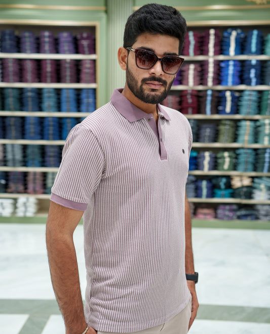 Lilac Striped Cotton-Blended T-Shirt Comes with Half-Sleeves, a Polo Collar, a Slim Fit, and Regular Length