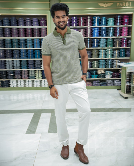 Dark Green Striped Cotton-Blended T-Shirt Comes with Half-Sleeves, a Polo Collar, a Slim Fit, and Regular Length