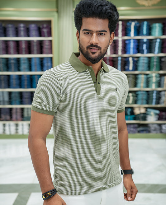Dark Green Striped Cotton-Blended T-Shirt Comes with Half-Sleeves, a Polo Collar, a Slim Fit, and Regular Length