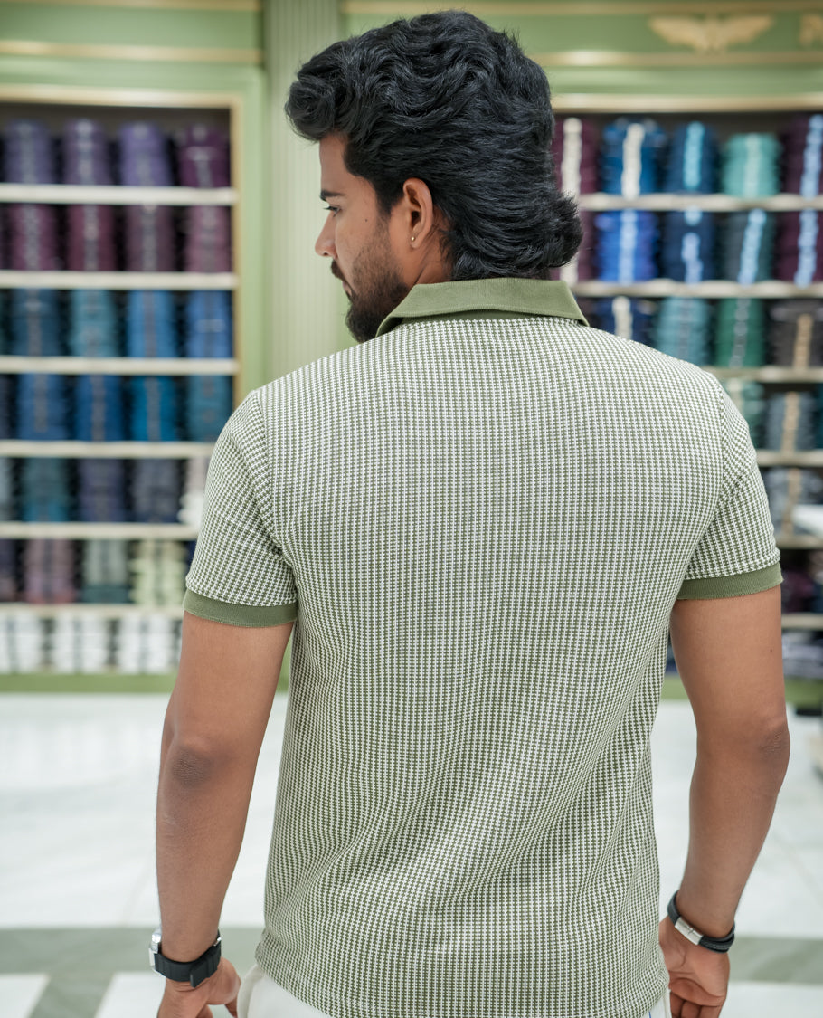 Dark Green Striped Cotton-Blended T-Shirt Comes with Half-Sleeves, a Polo Collar, a Slim Fit, and Regular Length