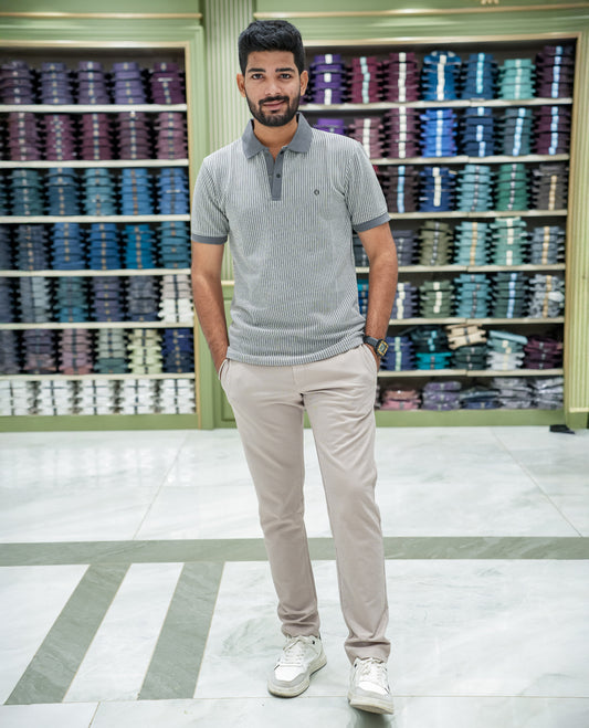 Grey Striped Cotton-Blended T-Shirt Comes with Half-Sleeves, a Polo Collar, a Slim Fit, and Regular Length