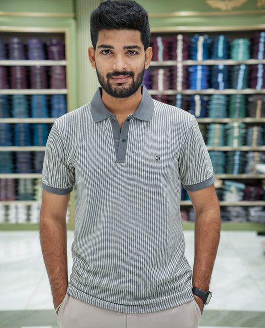 Grey Striped Cotton-Blended T-Shirt Comes with Half-Sleeves, a Polo Collar, a Slim Fit, and Regular Length