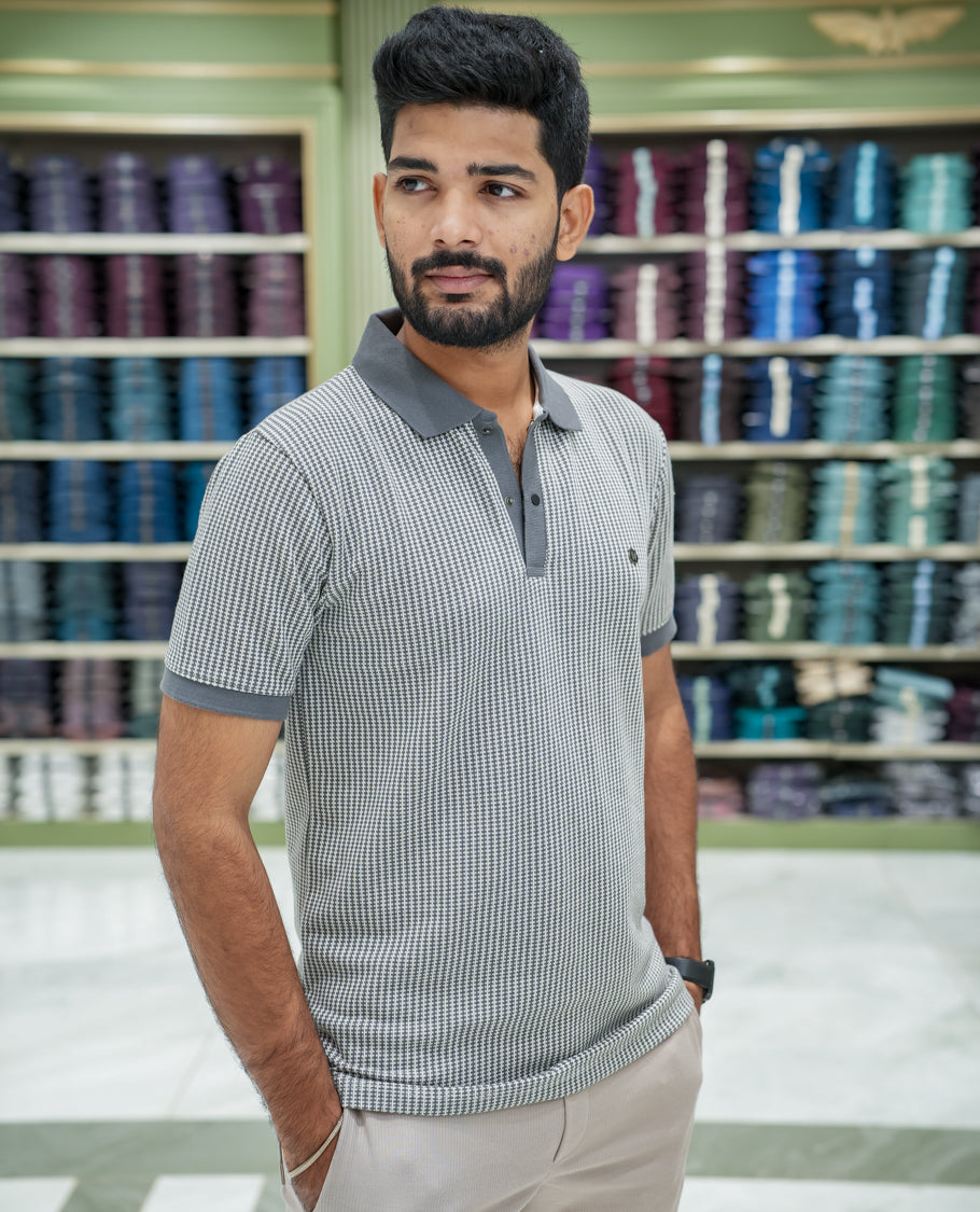 Grey Striped Cotton-Blended T-Shirt Comes with Half-Sleeves, a Polo Collar, a Slim Fit, and Regular Length