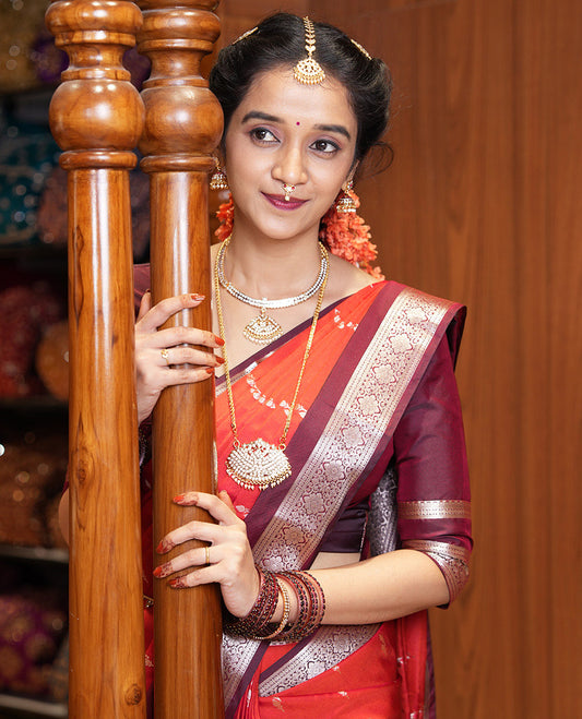 Rust orange and coffee brown jasmine bud buttas semi-soft silk saree, contrast traditional zari rettai pettu border, jaal pallu, and a contrast blouse