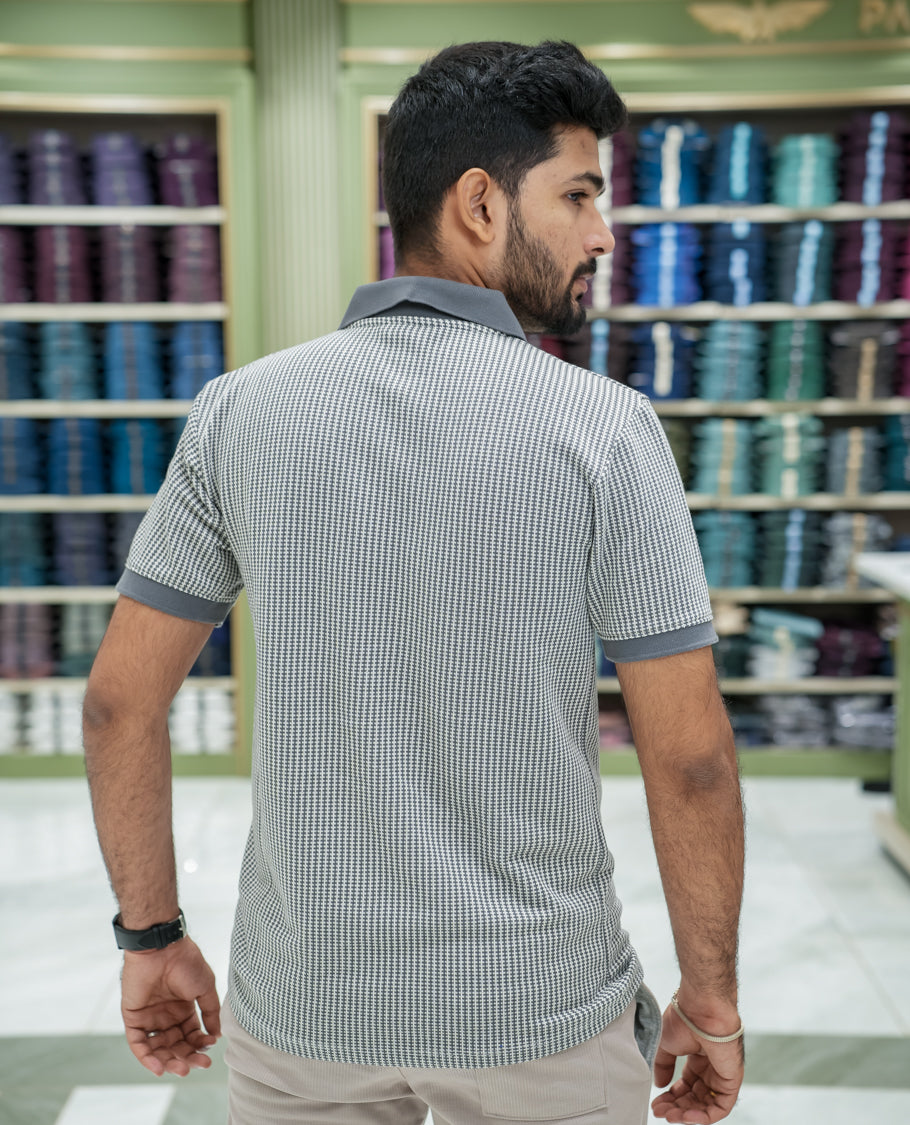 Grey Striped Cotton-Blended T-Shirt Comes with Half-Sleeves, a Polo Collar, a Slim Fit, and Regular Length