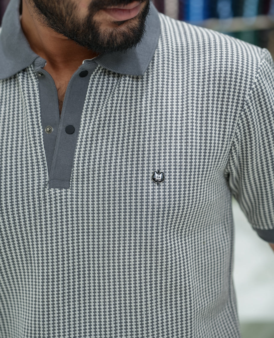 Grey Striped Cotton-Blended T-Shirt Comes with Half-Sleeves, a Polo Collar, a Slim Fit, and Regular Length
