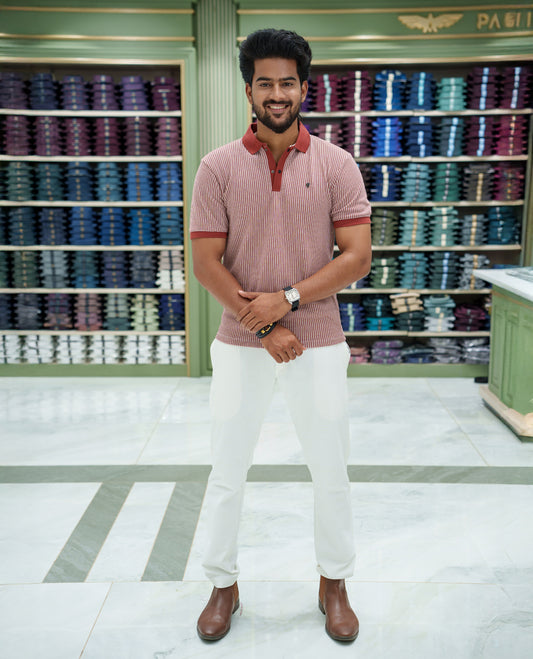 Red Striped Cotton-Blended T-Shirt Comes with Half-Sleeves, a Polo Collar, a Slim Fit, and Regular Length