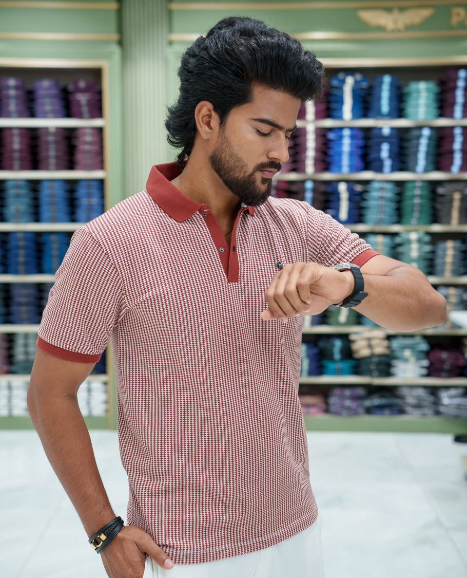 Red Striped Cotton-Blended T-Shirt Comes with Half-Sleeves, a Polo Collar, a Slim Fit, and Regular Length